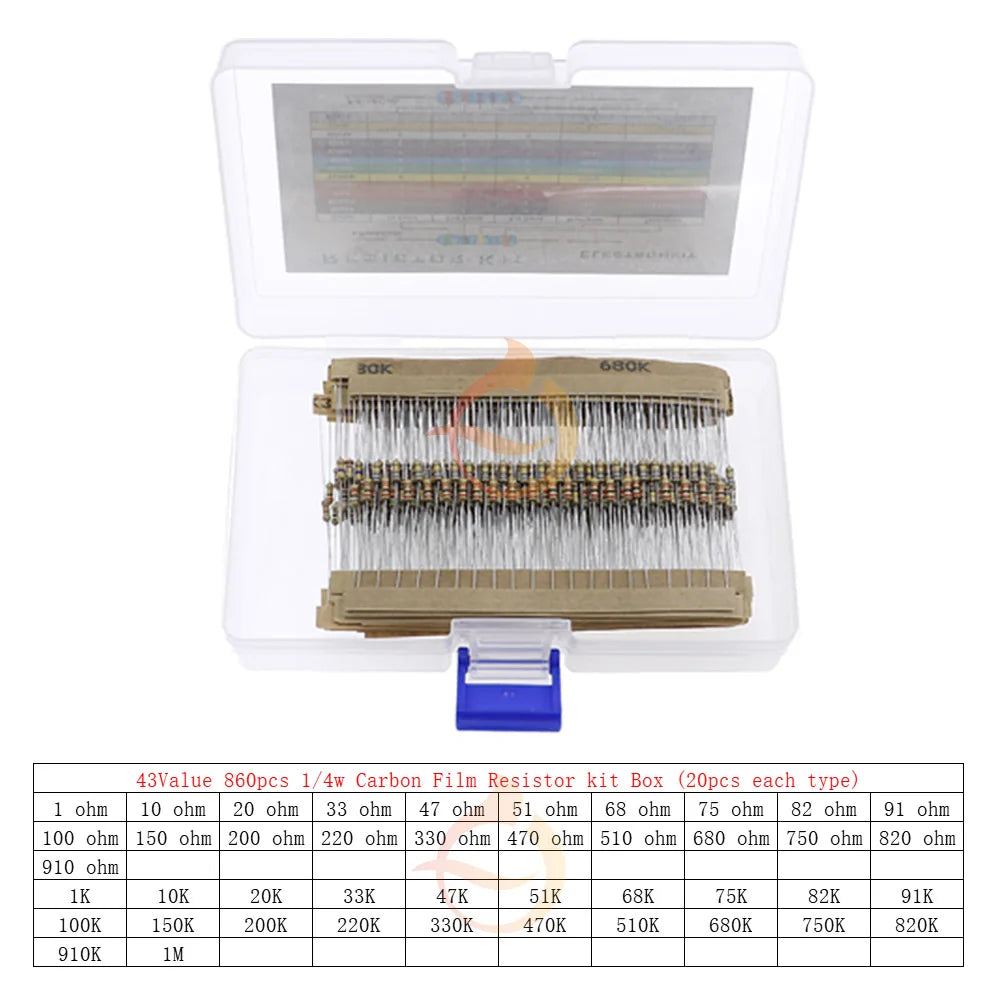 1/8W 1/4W 1/2W 1W 2W 3W 5W  5% 0 Ohm-10m ohm Carbon Film Resistor Assorted Kit With box 1K 2K 5.1K 10K 47K 100K 220K 470K 3M 10M