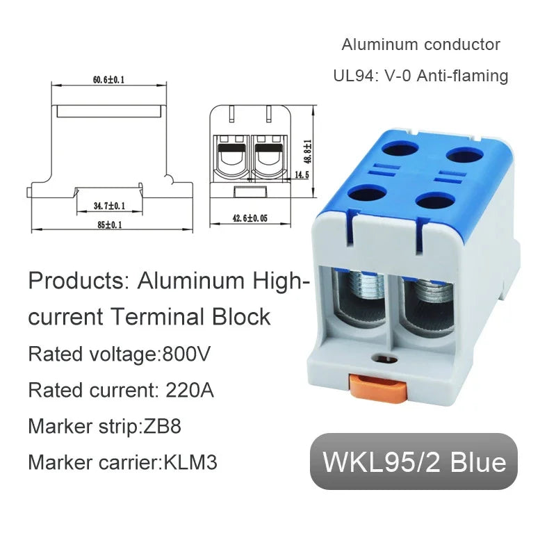 Aluminum Distribution Block Din Rail Mounting WKL 50/95/150/240 mm² Cable Power Connector Terminal Block Box