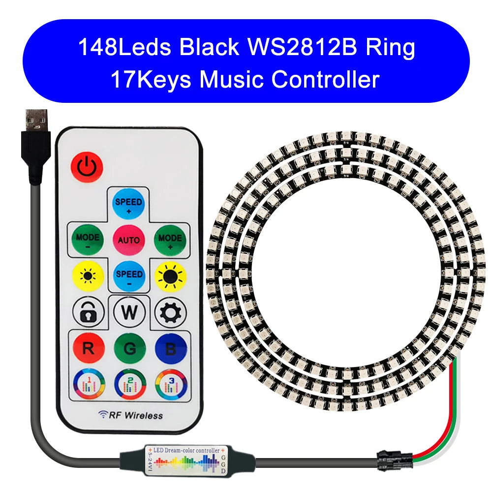 DC5V WS2812B DIY LED Ring 8 to 241 Pixels 5050 RGB Individually Addressable WS2812 Round Modules With 17Keys Music RF Controller