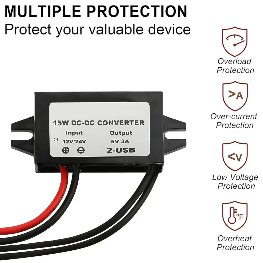 12V 24V to 5V 3A DC Converter Step Down Module USB Female Dual USB Type C Open Wire Connector Power Adapter ROHS Certified