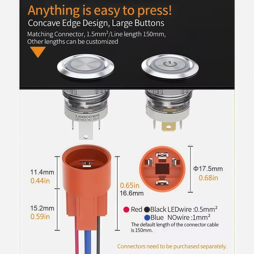 LANBOO 16mm High Current 16A High-Power Metal Push Button Switch 12V110V 24V 220V LED Light Latching