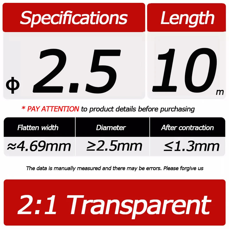 10 Meter/Lot Heat Shrink Tube 2:1 Clear Transparent Tubing Shrinkable Wrap 1mm - 60mm Cable Sleeve Wire