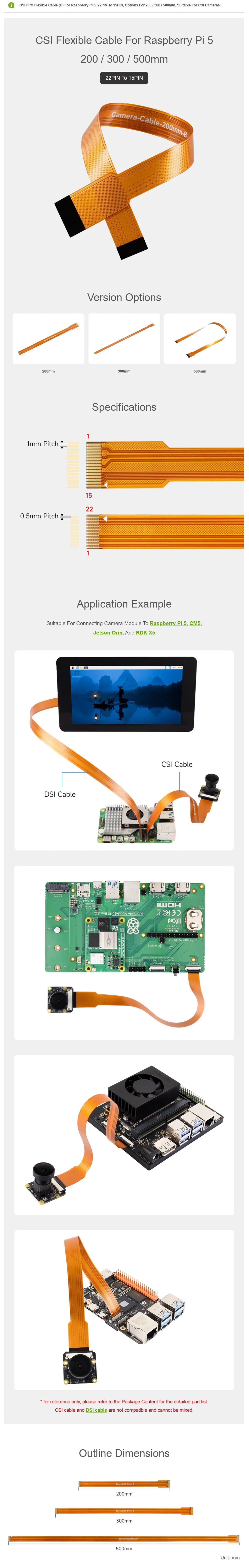 CSI FPC Flexible Cable For Raspberry Pi 5 Camera 22PIN to 15PIN Adapter Ribbon 200mm 300mm 500mm