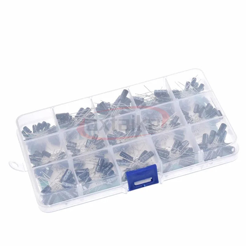 120/200/500pcs Radial Capacitors Set 12 15 24 Values 16V 25V 50V 0.1uF-1000uF Electrolytic Capacitor Assortment Kit Box