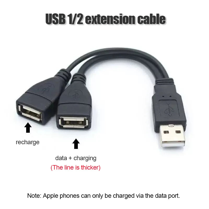 USB 1/2 to 1 Male/2 Female Three Head Data Cable 2-in-1 Dual Female Port Car Charging Extension Data Cable