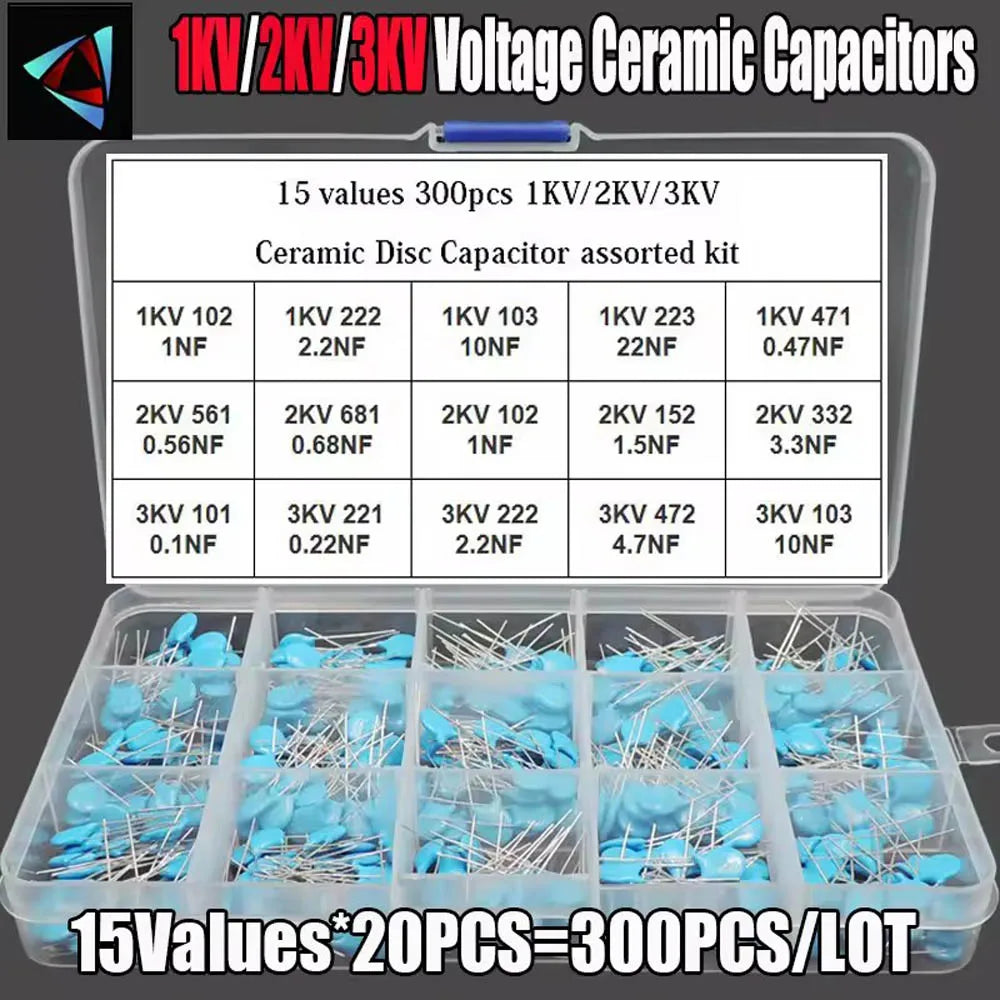 300Pcs/BOX 15Values 1KV/2KV/3KV 0.1nF-22nF 102 222 103 223 472 561 681 High Voltage Ceramic Disc Capacitor Assorted Kit