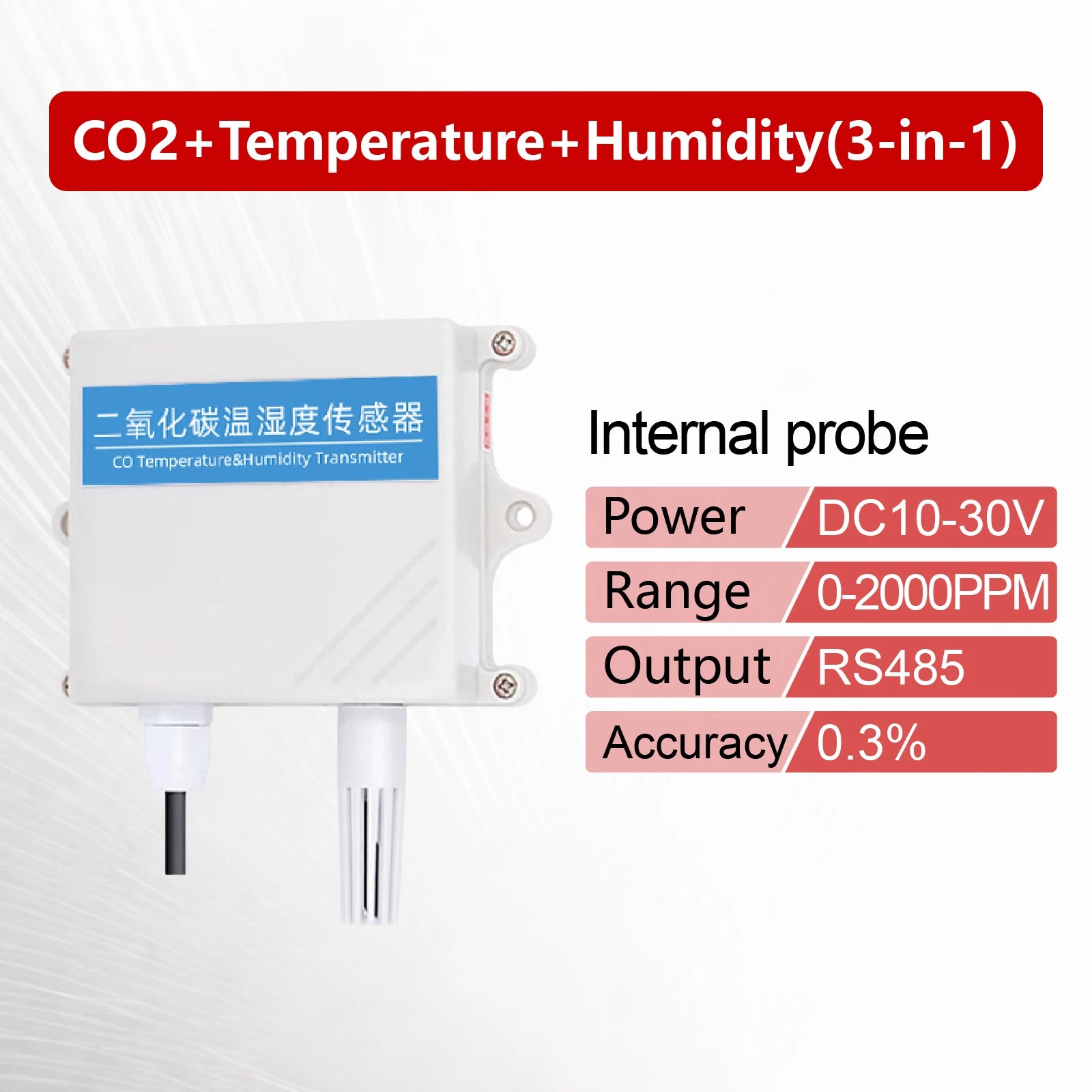 QT-10 CO2 Transmitter NDIR Carbon Dioxide Sensor RS485 4-20mA 0-5V 0-10V 10-30VDC IP65 for Greenhouse HVAC Factory