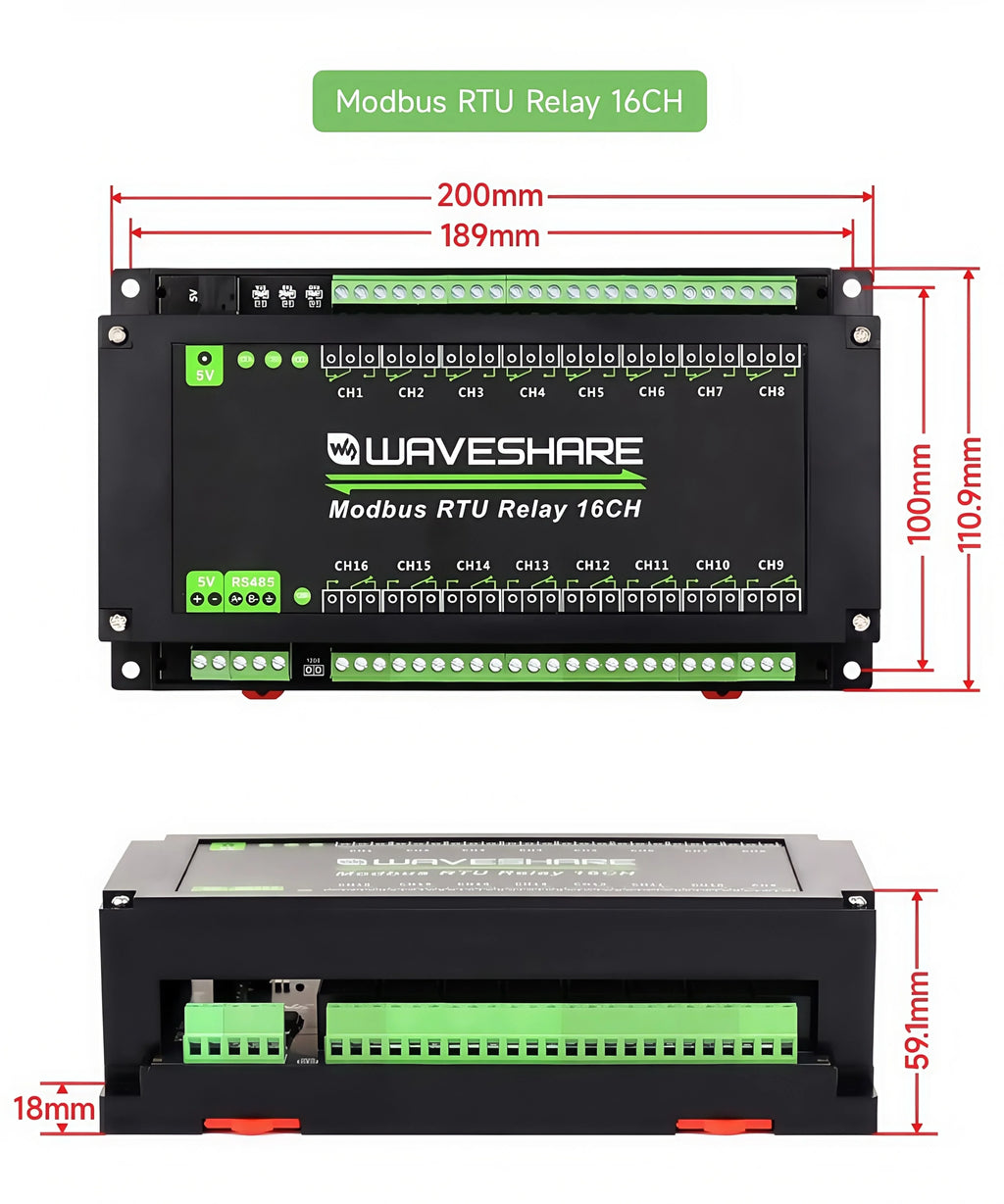 Waveshare Industrial Modbus RTU Relay Module with 8/16/32-channel RS485 interface and isolation