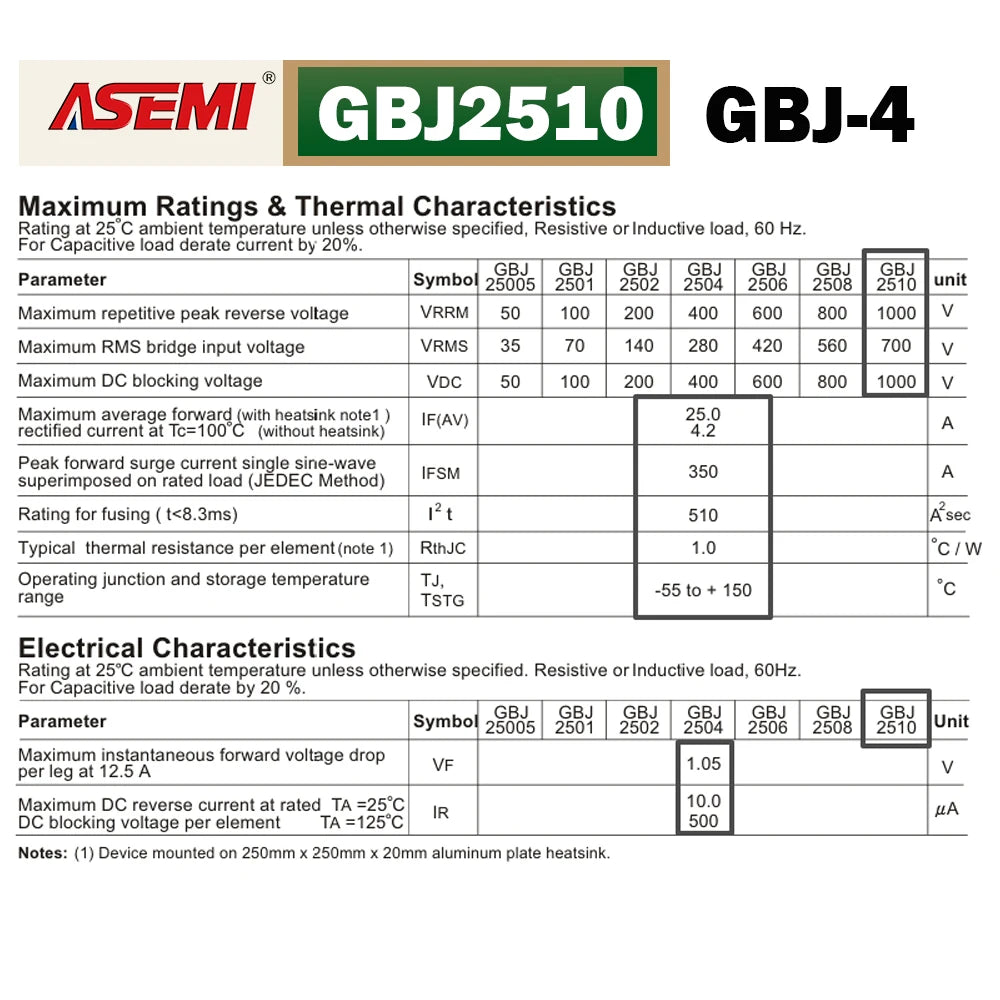 5PCS GBJ2510 25A 1000V Bridge Rectifier ASEMI