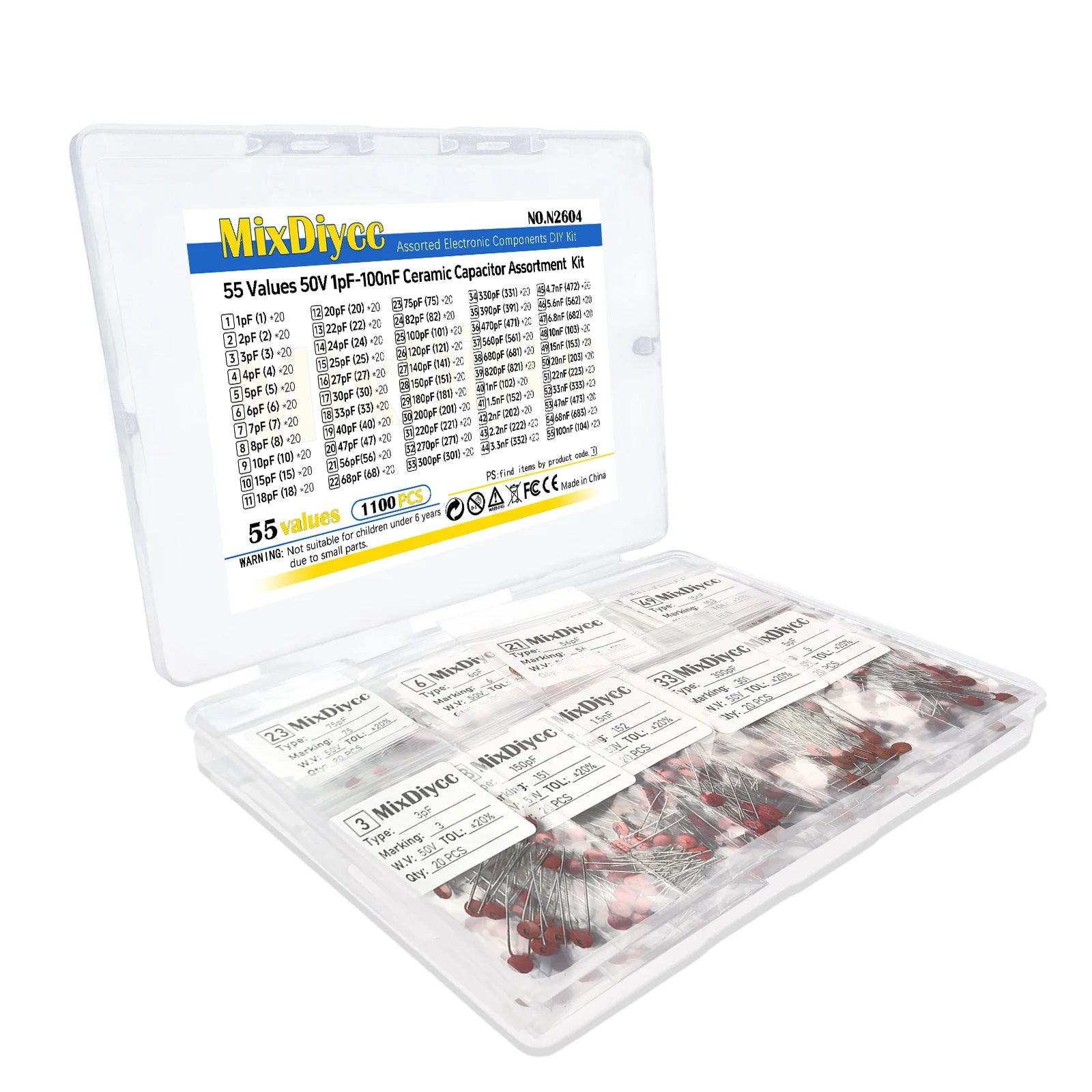 55 Values Ceramic Capacitor Kit 50V 1/1.5/2.2/3.3/4.7/6.8/10/15/22/33/47/68/100/220/330/470 pF nF 102/104/104/ Total 1100 Pcs