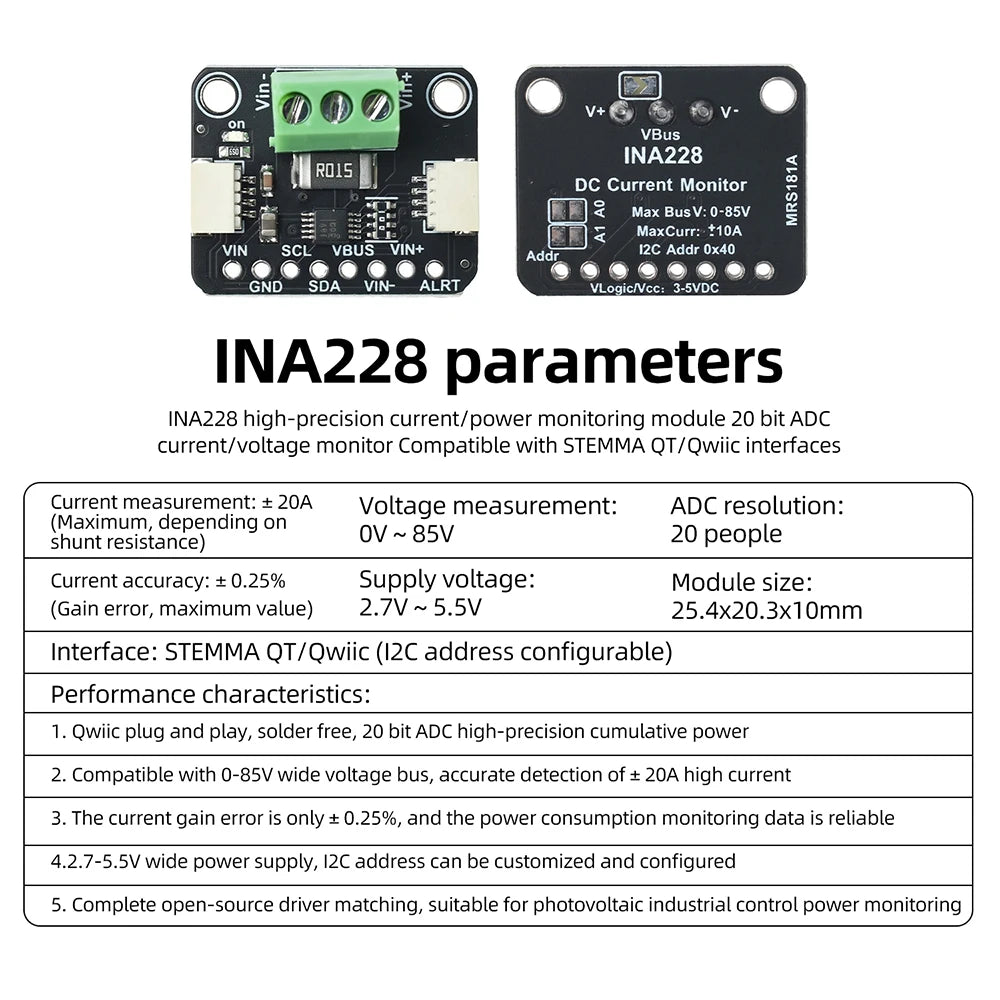 INA228 INA238 INA237 Current Power Monitor Module STEMMA QT Qwiic I2C 85V 20A ADC Energy Accumulation for BMS Solar PV IoT