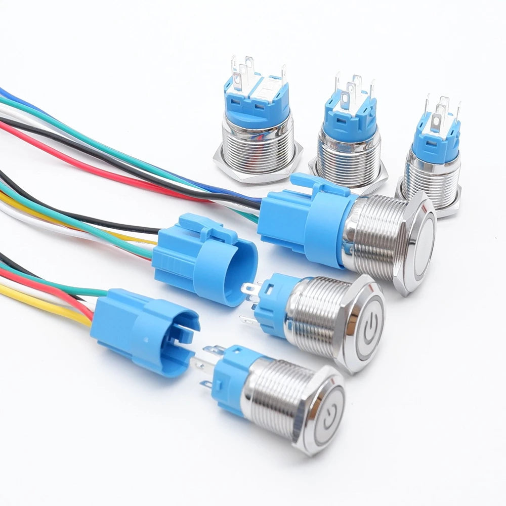 16mm 19mm 22mm Metal Push Button Switch Led Backlit On Off Car Engine Power Start Stop Waterproof With Wire 1NO1NC 5V 12V 220V