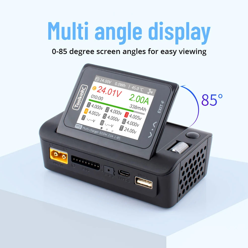ToolkitRC M9 600W 20A USB Fast Charing DC Smart Charger Adjustable Screen Angle with Audio Function For 1-8S Lipo LiFe Battery