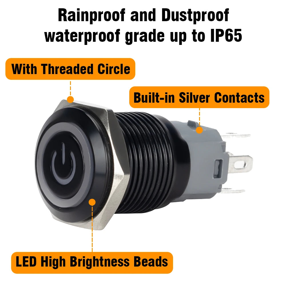 12/16/19/22mm Waterproof Metal Push Oxidized Black Button Switch LED Light Momentary Latching Car Engine Power Switch 5V 12V 24V