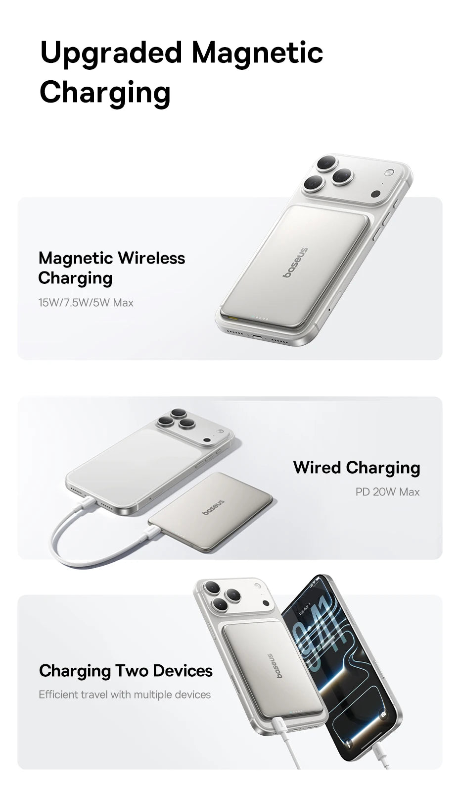 Baseus 5000mAh Magnetic Power Bank 15W Wireless 20W Wired Charging Thin Card-Sized Slim Portable Powerbank for iPhone 17 Samsung