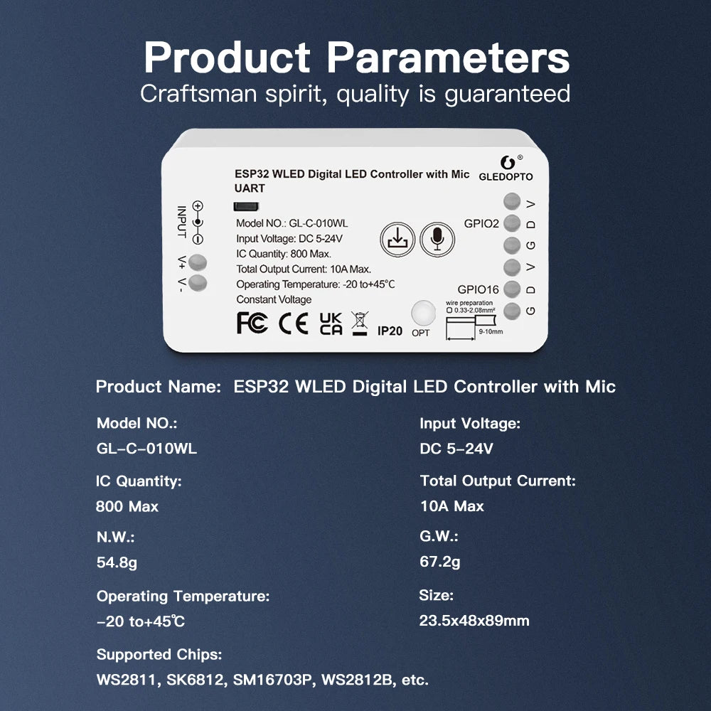 GLEDOPTO ESP32 WLED LED Controller With Mic DIY Music Dynamic Modes For WS2811 WS2812 SK6812 TM1814 WS2813 WS2815 Strip Lights
