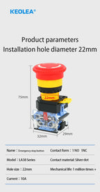 LA38 Emergency Stop 10A Self-locking Rotary Reset Latching Head Power Switch Mushroom Push Button Switch 22mm 1 NO I NC 2NC