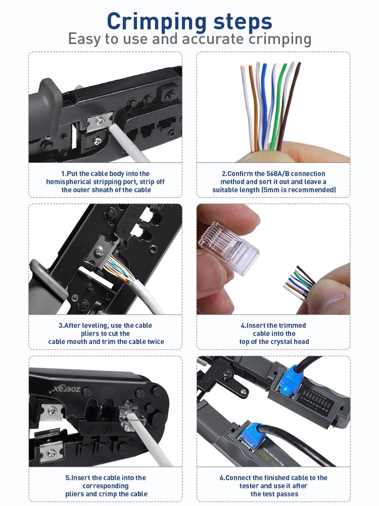 ZOERAX RJ45 RJ12 RJ11 Network Crimp Tool 8P6P4P Tester Tool With Strip,Cut,Crimp and Test Functions(Battery is Not Included)