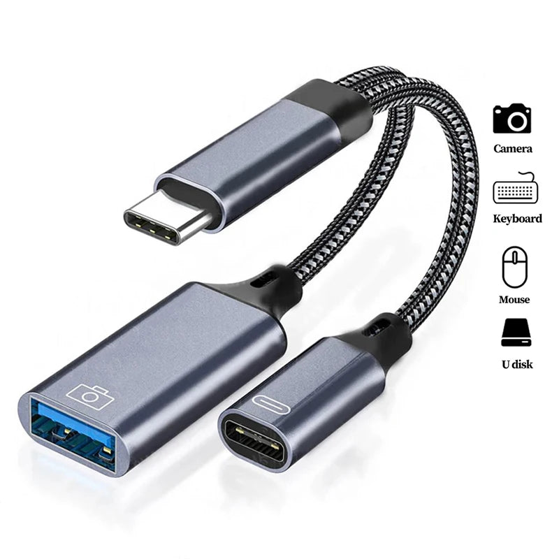 2 In 1 USB C OTG Cable Converter Type C to USB 3.1 PD Fast Charger Port With USB Female Splitter Adapter For iPad Tablet Laptops