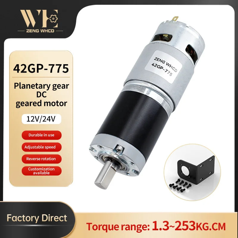 42GP-775 Planetary Gear Reduced DC Motor, 12V/24V, 10mm Output Shaft All-Metal Gears Torque up to 253KG Reversible Brushed Motor