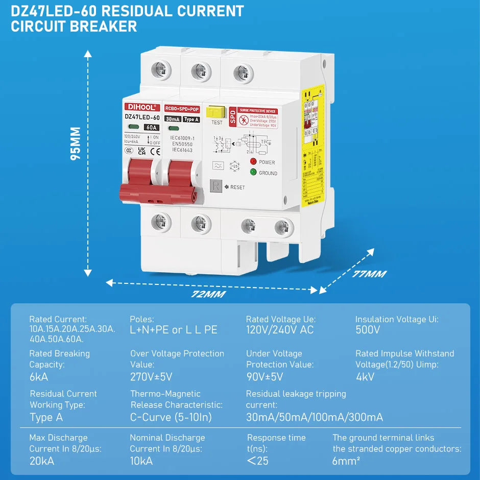 RCBO Type a Grounding Fault Circuit Breaker 30MA 110V/220V Differential Breaker Leakage Lightning Protection for Electrical Safe