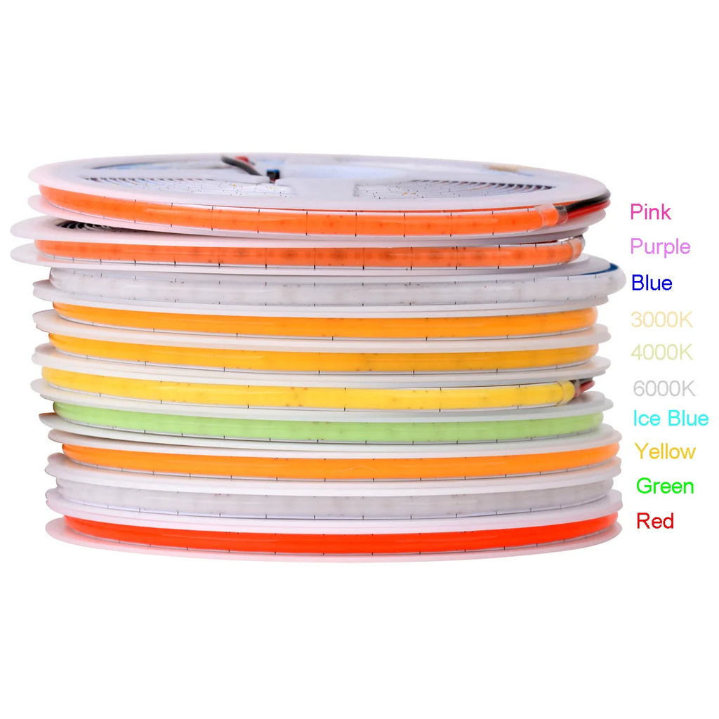 3mm/5mm Thin Color COB LED Strip Light DC 12V 24V Flexible LED Tape for DIY Lamp 3000K Red Ice Blue Pink Orange Amber Dimmable