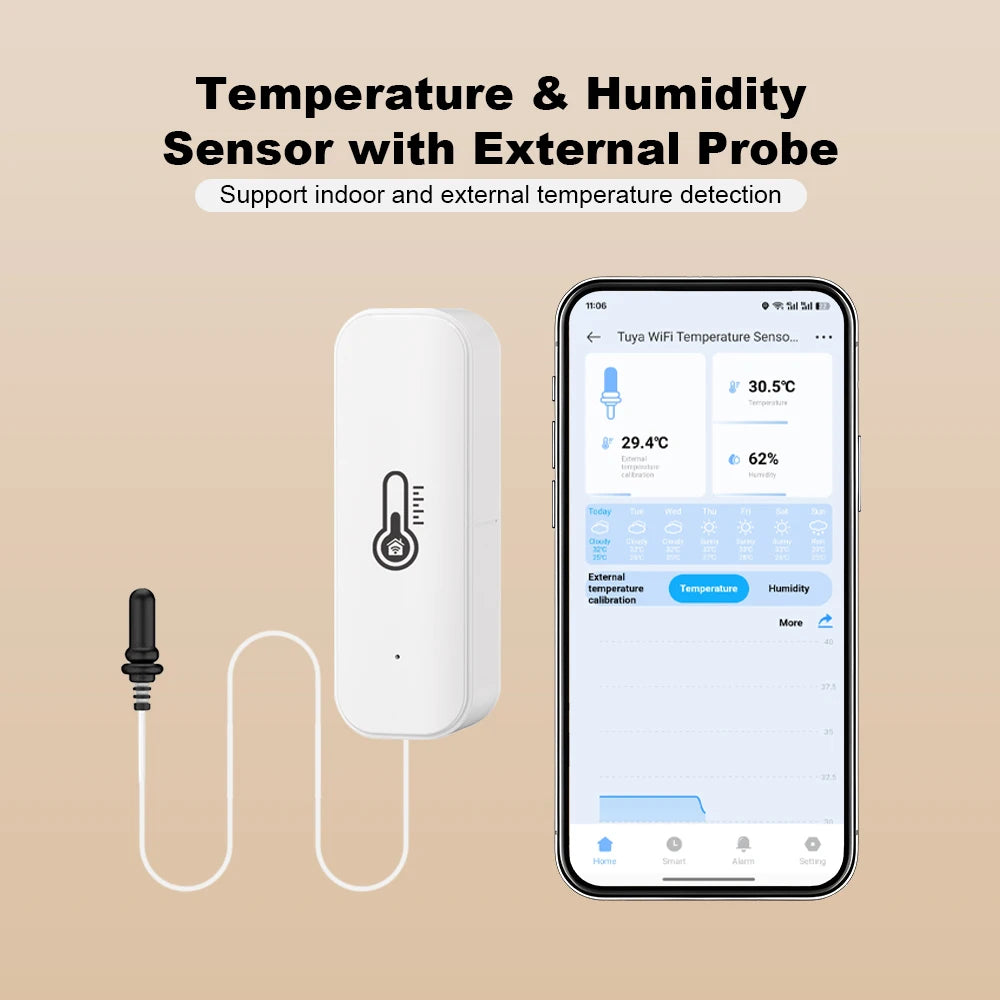 2026 New Tuya WiFi Humidity Temperature Sensor with External Probe Thermometer for Smart Home APP Monitoring for Refrigerator