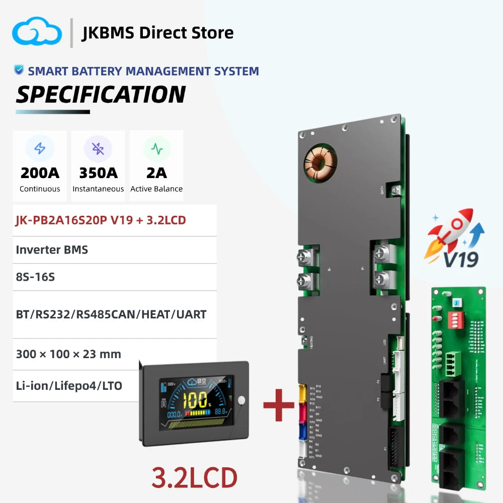 JIKONG PB2A16S20P Smart BMS 200A with 2A Active Balancer 8S 10S 12S 14S 16S 24V 48V LiFePo4 Li-Ion LTO Inverter Battery JK