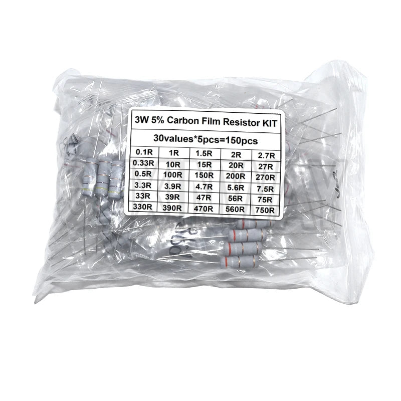 150PCS 300PCS Resistor Kit 1W 2W 3W 5W 5% 30Kinds X 10PCS Carbon Film Resistance 0.1-750 ohm Set 1k-820K 30Kinds X 5PCS