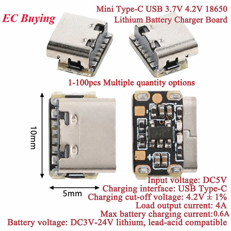 100Pcs/1pc 3.7V 4.2V Mini 18650 Lithium Battery Charger Board Type-C USB Input Module Keyboard Charging Power Protection Board