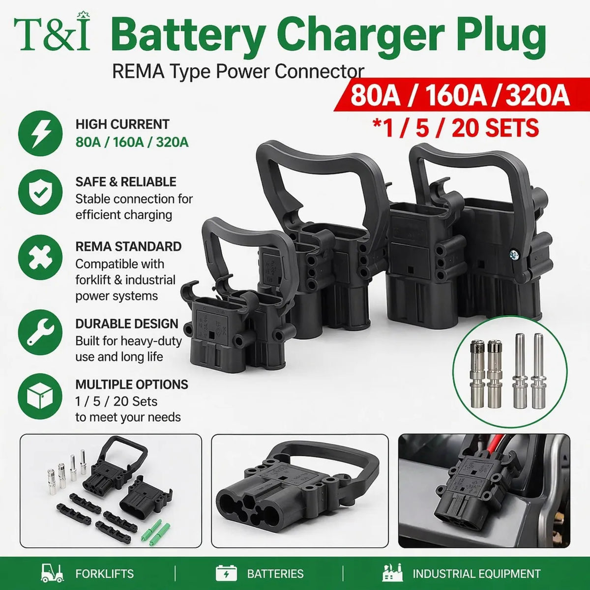 1/5/20Sets High Current REMA Type Forklift Male and Female Plug Battery Charging Connector 80A 160A 320A