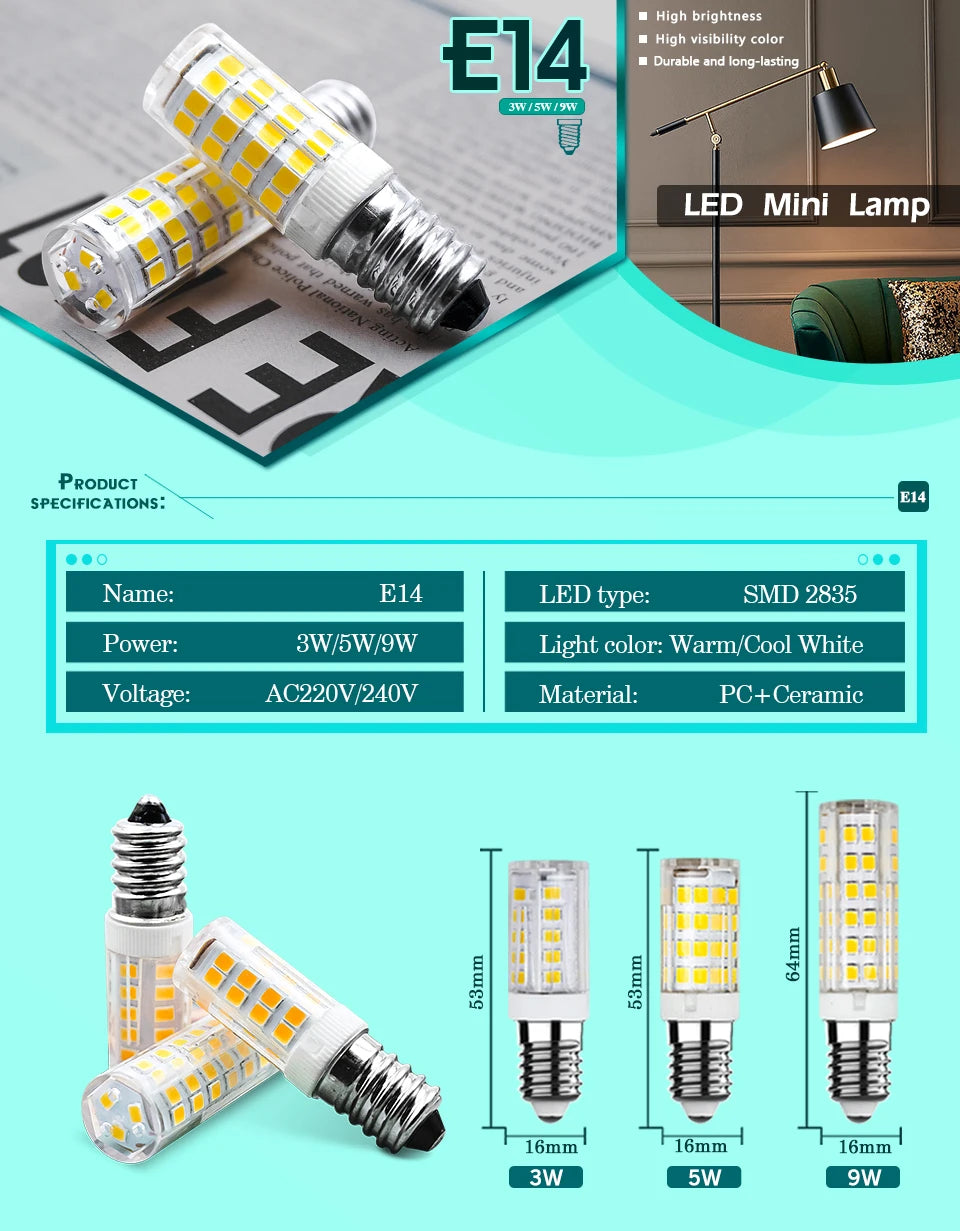 1-10pcs E14 LED Bulb Lamp 3W 5W 9W AC 220V-240V Mini Corn Bulb Light 2835SMD 360 Beam Angle Replace Halogen Chandelier Lights