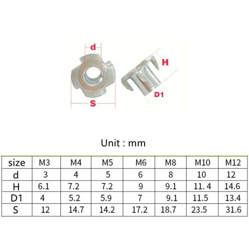 90Pcs M3-M8 Four Prong T-Nuts Kit, Blind Insert Captive Nuts for Wood Furniture, Assorted Woodworking Hardware