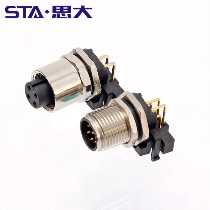 M12 Angled PCB Type 8 Pin A Code Curved Needle Panel Mount Socket Grounded Shield THR 2 3 4 5 6 12 Poles IP67 Connectors
