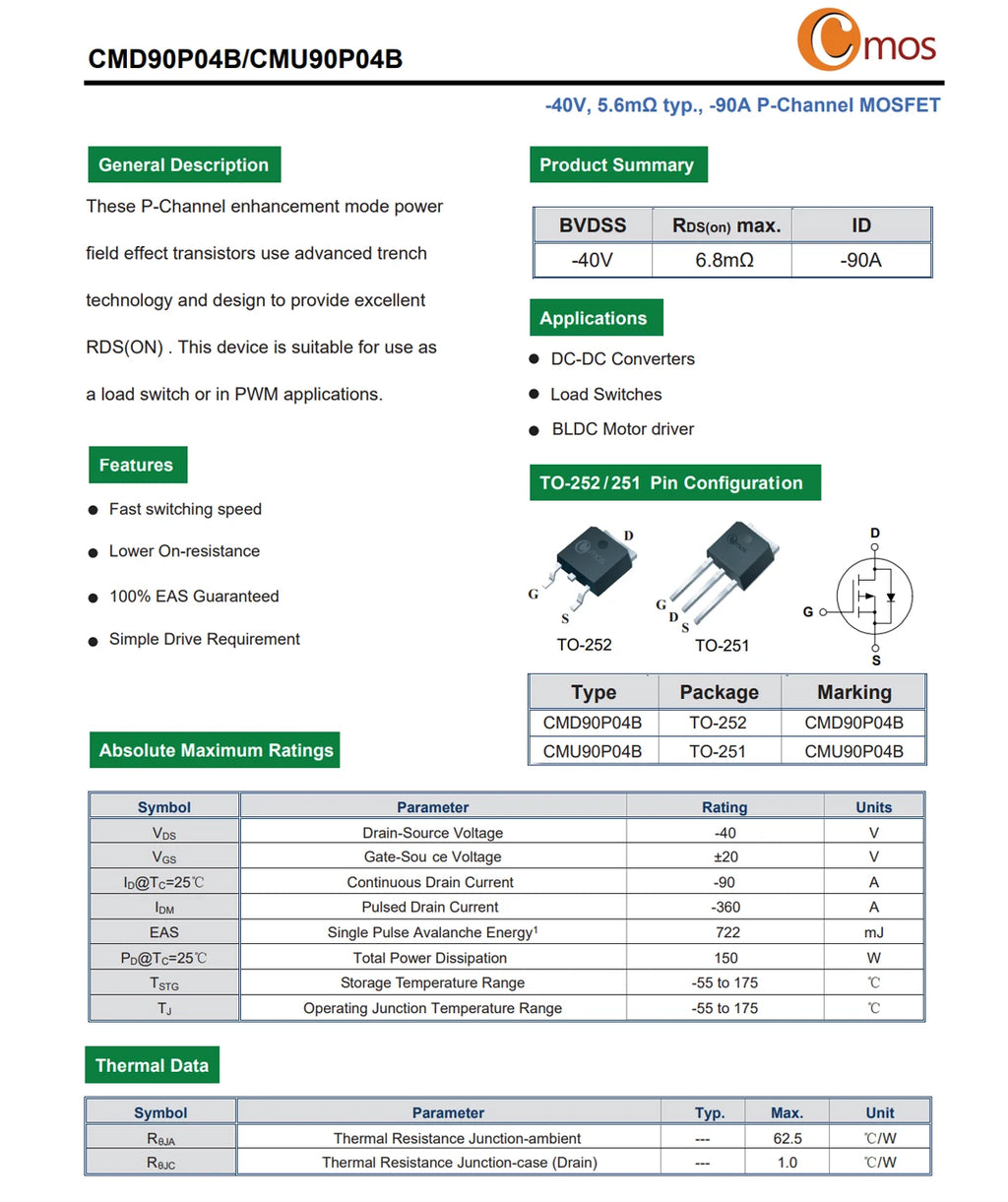 Original CMOS MOSFET CMD1402, CMD3080M, CMD3090L N-Channel TO-252