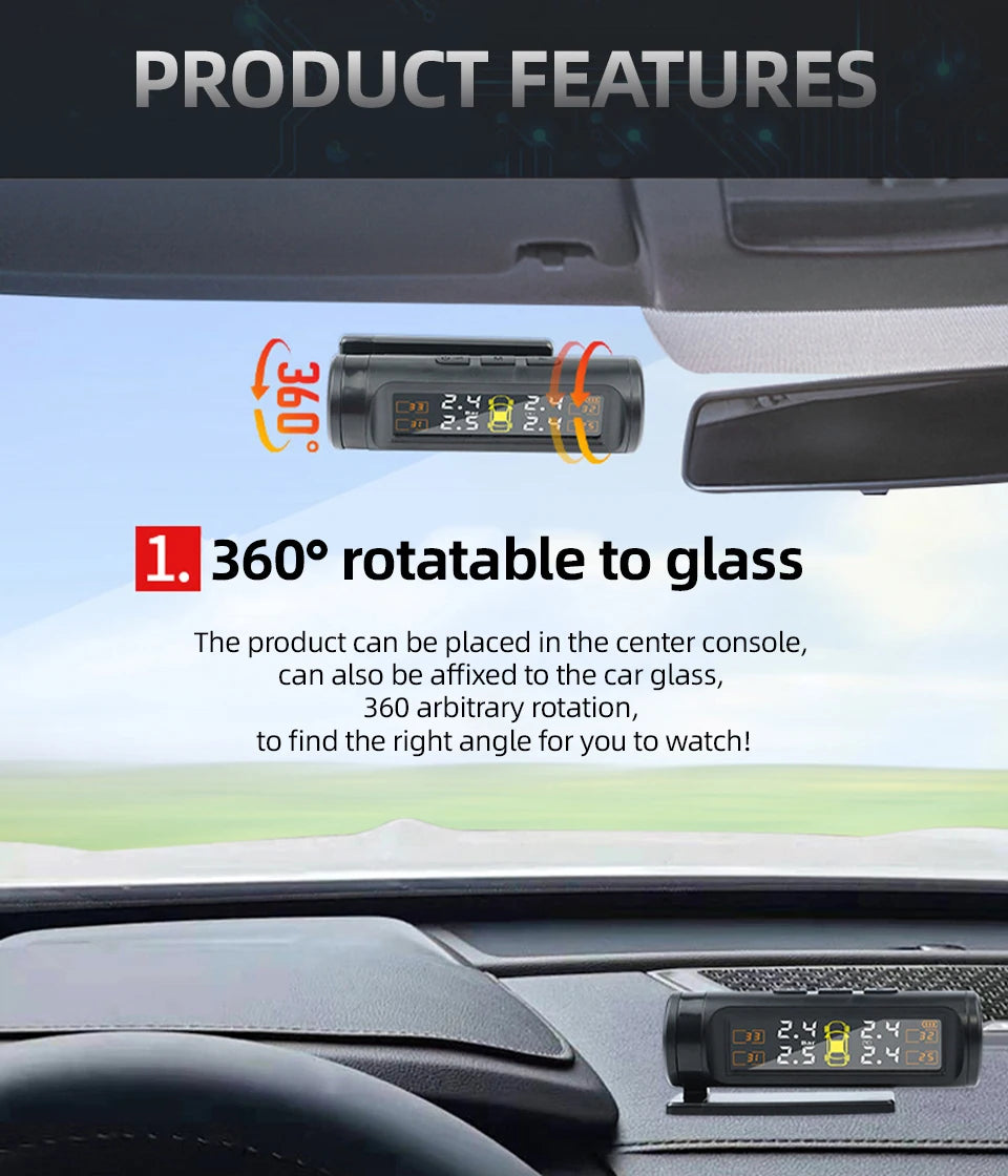 E-ACE 4 Sensors TPMS Removable Battery Wireless Intelligent Sensing Tire Pressure Monitor System Safety Alarm LCD Display