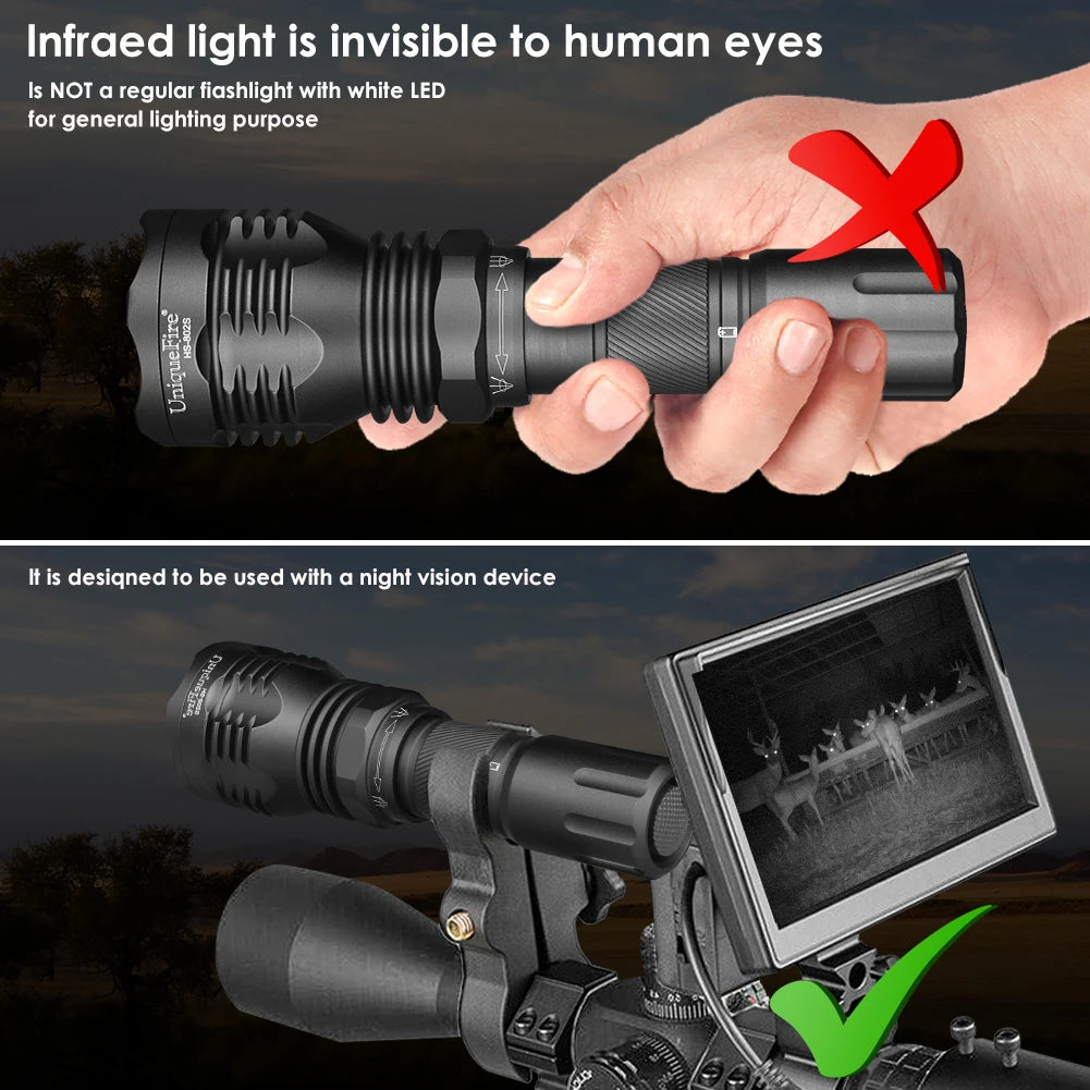 UniqueFire 802S IR850nm IR940nm LED Hunting Flashlight Zoomable Night Vision Torch for Coyote Hog Predator Varmint Hunting