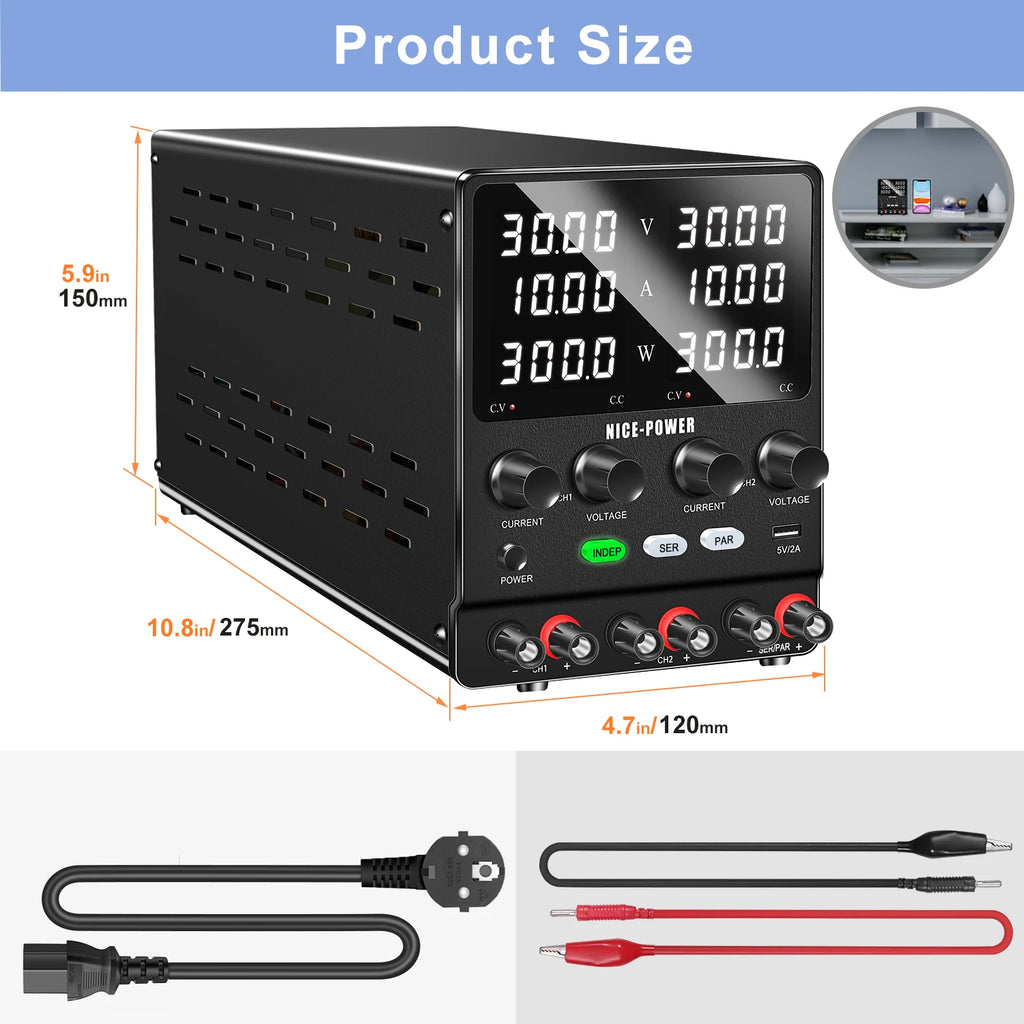 NICE-Power Dual Lab Power Supply 30V 10A Adjustable 3 Channel 60V 120V 240V Digital Bench Power Source Multiple Series Parallel