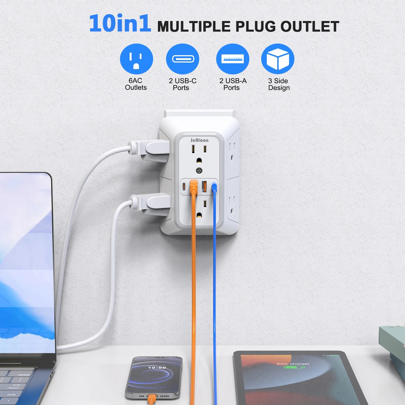 6 Outlet Wall Tap, 4 USB Ports (2 USB C) Fast Charging Surge Protector, Universal Plug Power Strip with Network Filter for Home