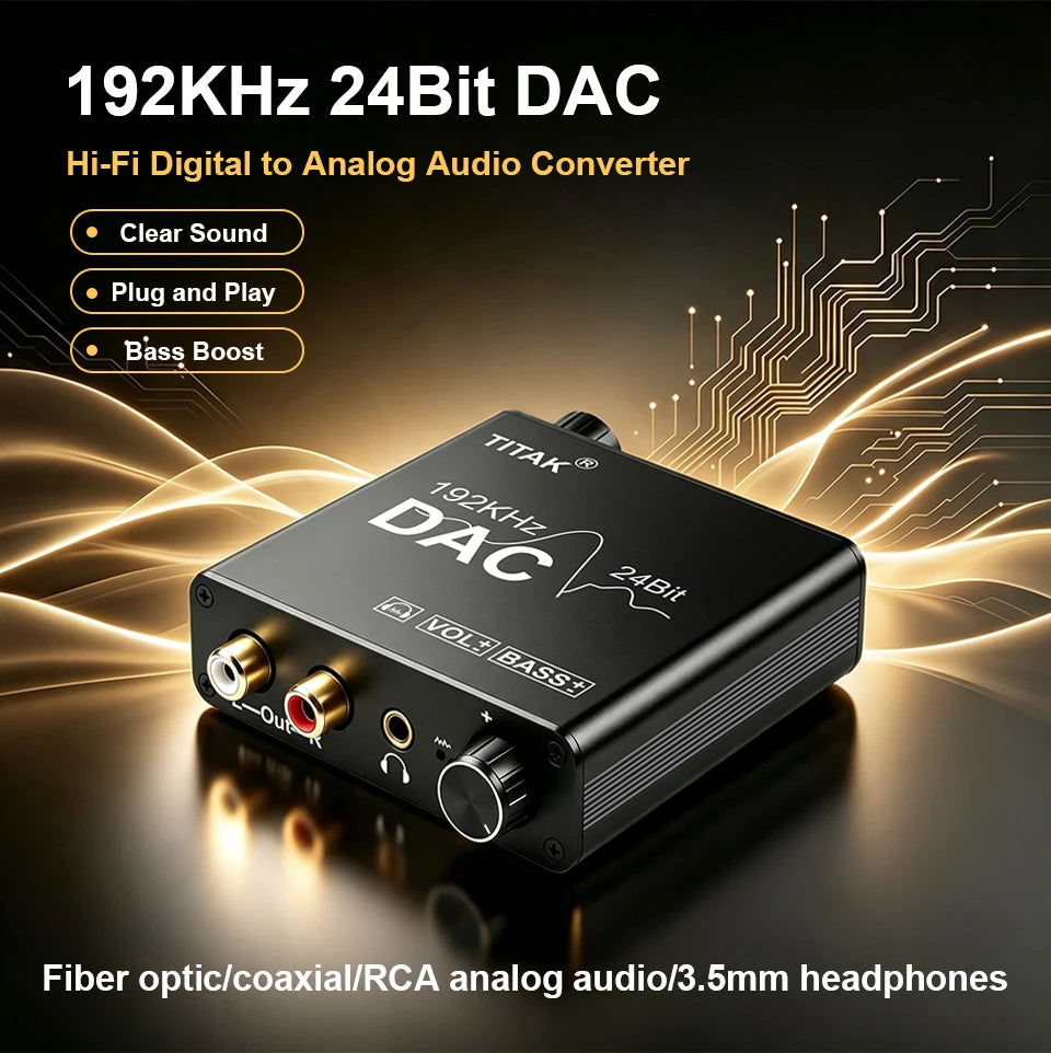 192KHz/24Bit DAC Digital to Analog Audio Converter Digital SPDIF Optical Toslink Coaxial to Analog Stereo L/R RCA and 3.5mm Jack