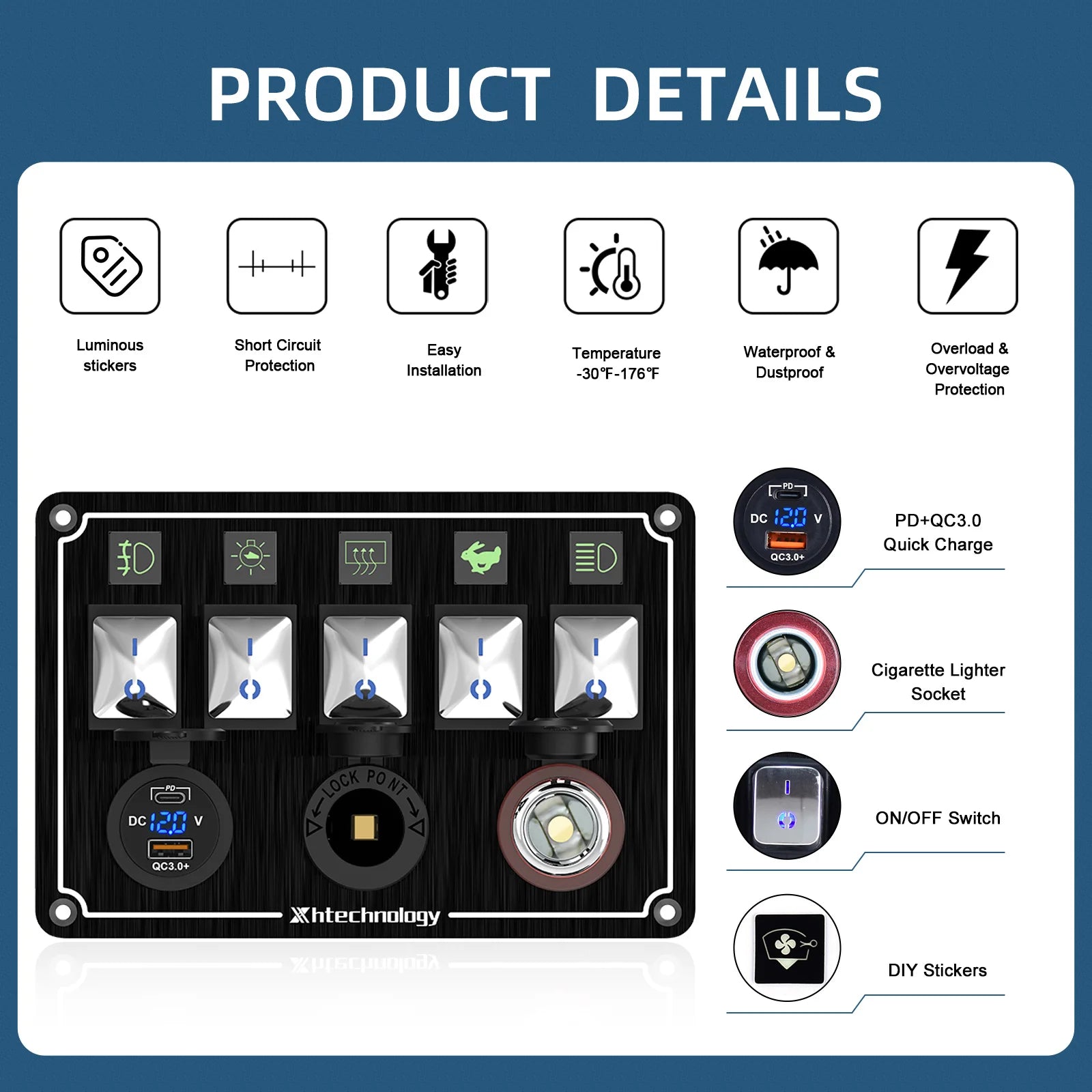 Metal 4-6 Gang Marine Rocker Switch Panel Waterproof 12 Volt, Boat Toggle Switch Panel 12V  LED Lighted for Boat Car RV