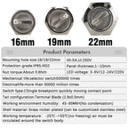16MM 19MM 22MM Self-return Self-locking Waterproof DPDT Illuminated Metal Selector Knob Rotary Switch 2 3 Position LED Lamp Red