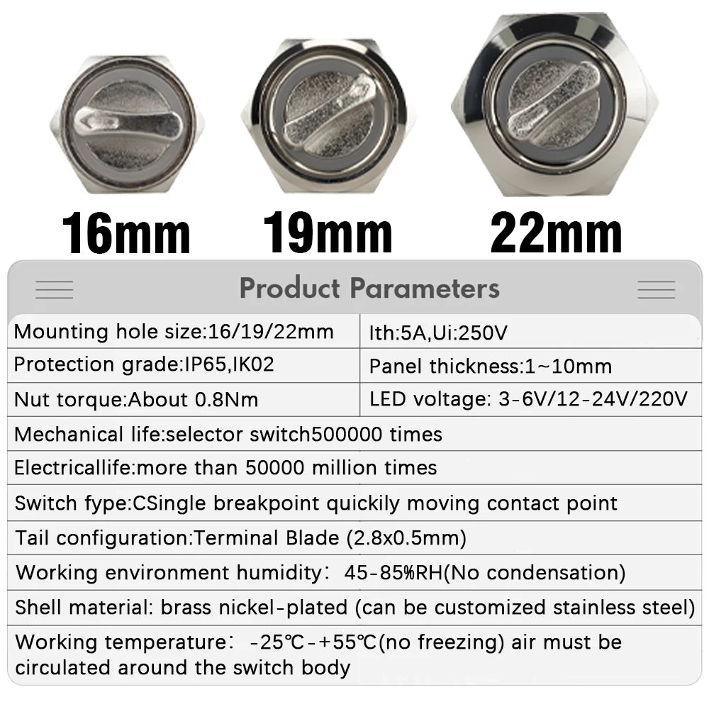 16MM 19MM 22MM Self-return Self-locking Waterproof DPDT Illuminated Metal Selector Knob Rotary Switch 2 3 Position LED Lamp Red
