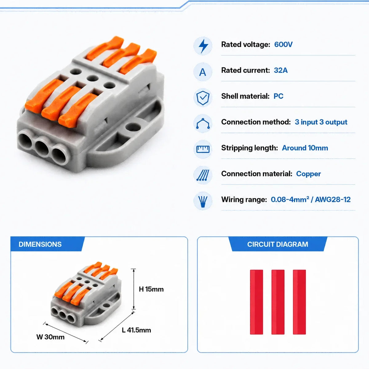 2P-30P Lever Electrical Wire Connector Terminal Block Electrical Cable Connectors Wire Terminals 1 In 1 Out Screw Mount 600V 32A