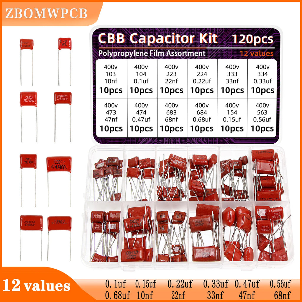 120pcs CBB Capacitor Assortment Kit Metallized Polypropylene Film Capacitors