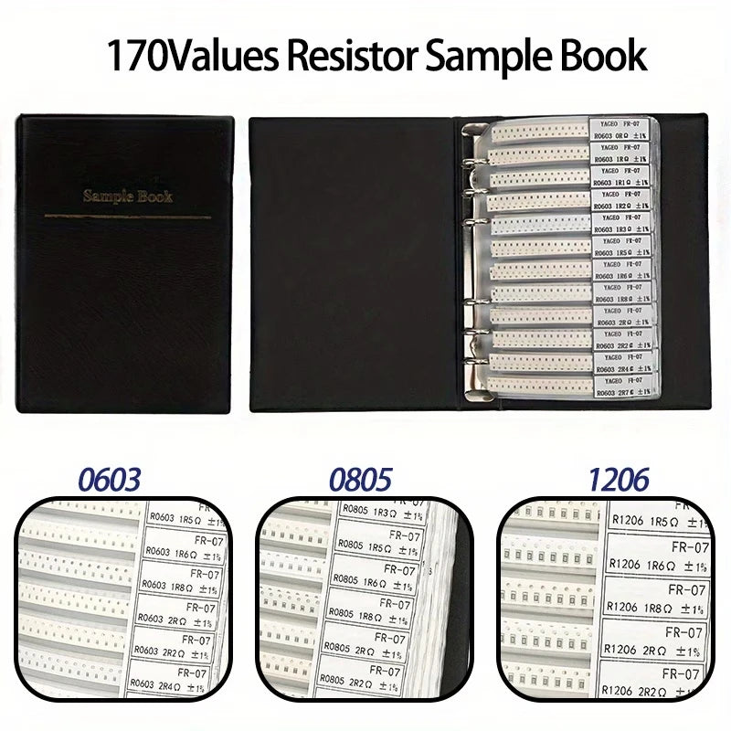 4250pcs SMD Resistor Sample Book • 0603 0805 1206 170 (25pcs Each) 1% Resistors Assortment Kit • 0Ω-10MΩ Values • Wire Sold