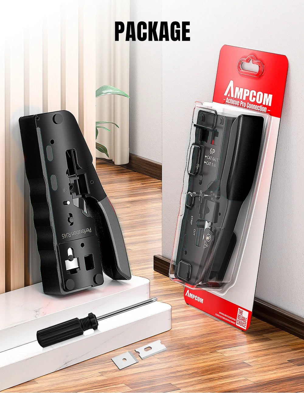 AMPCOM RJ45 Crimper CAT7 Crimping Tool for Pass Through RJ11 RJ45 Connector CAT6 CAT5E Modular Plugs With Wire Stripper Cutter