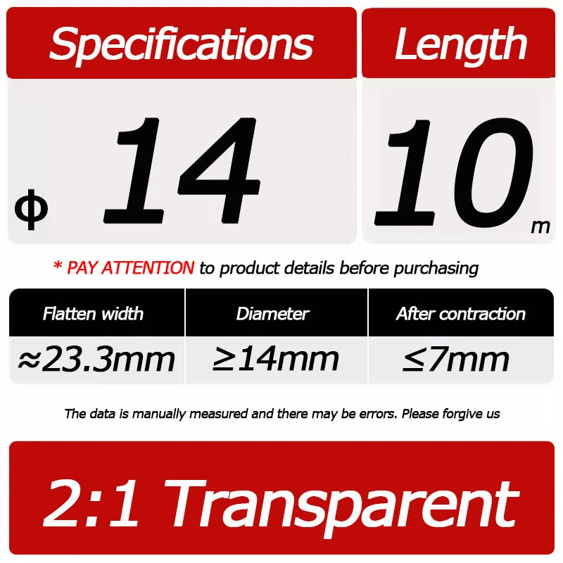 10 Meter/Lot Heat Shrink Tube 2:1 Clear Transparent Tubing Shrinkable Wrap 1mm - 60mm Cable Sleeve Wire