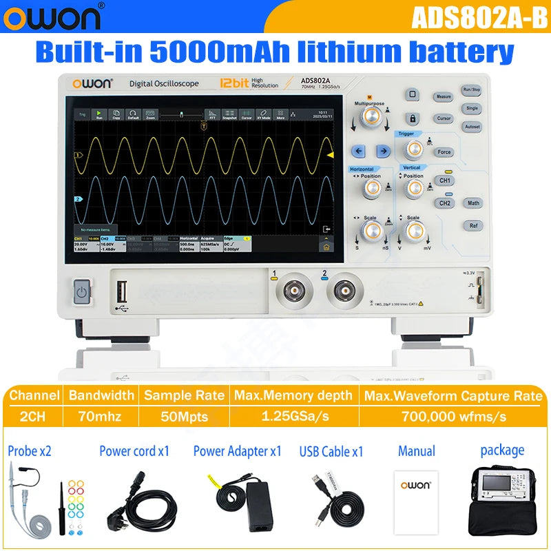 OWON ADS800A Portable Digital Oscilloscope 100MHz Bandwidth 1GSa/s 7" TFT-LCD Storage Multimeter Auto Measure USB/PC Connect