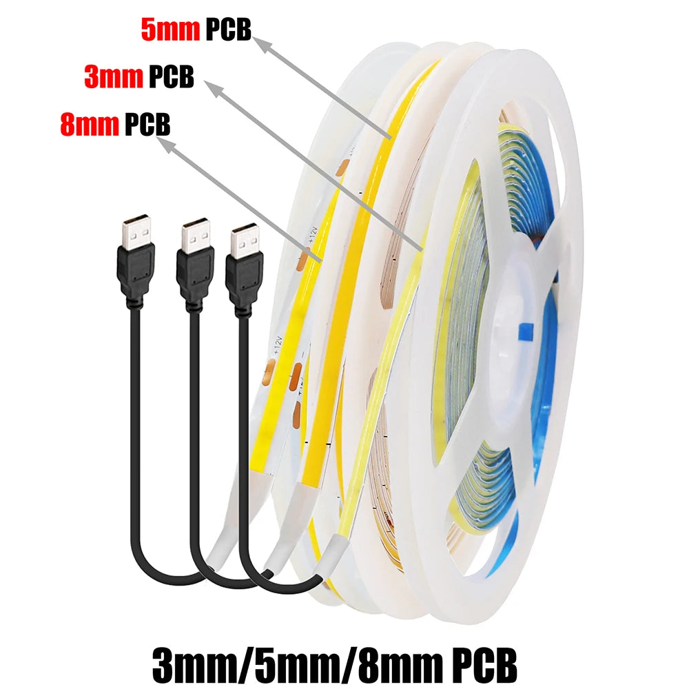 5V USB 3MM 5MM PCB COB LED Strip Light White/Red/Green/Pink/Ice Blue/Yellow TV Backlights DC5V 320Led Flex Night Lamp Home Decor